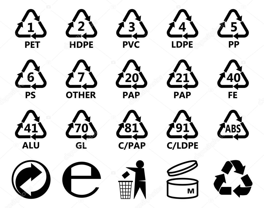 Packing and recycling icons set, black color isolated on white background. Vector elements. Ready to use in your design. Vector illustration.