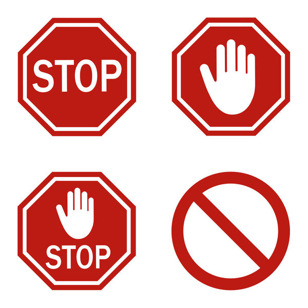 Красный знак остановки изолирован на белом фоне. Остановите руку на красной вывеске. Векторная иллюстрация