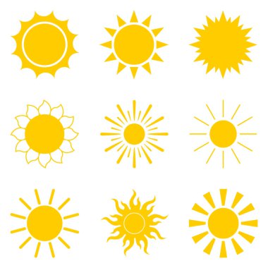 Vector set of suns isolated on white background. Heat, vacation, rest and summer symbol. Summer weather