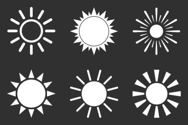 Siyah arka planda beyaz güneş. Vektör çizimi. Sıcaklık, yaz ve rahatlama sembolü