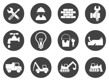 Rozetler, tamir ikonları ve çeşitli inşaat işleri. Tesisat, elektrikçi, çilingir, marangoz, boya ve inşaat. Yapı makineleri. Vektör illüstrasyonu