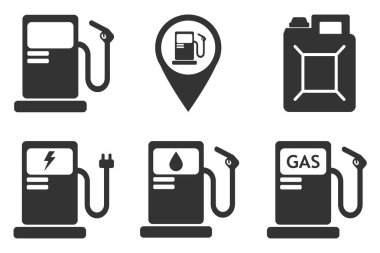 Yakıt pompası, benzin istasyonu ikonları, beyaz arka planda izole edilmiş yakıt ikmali sembolü. Benzin, gaz ve elektrikle dolduruluyor. Vektör illüstrasyonu.