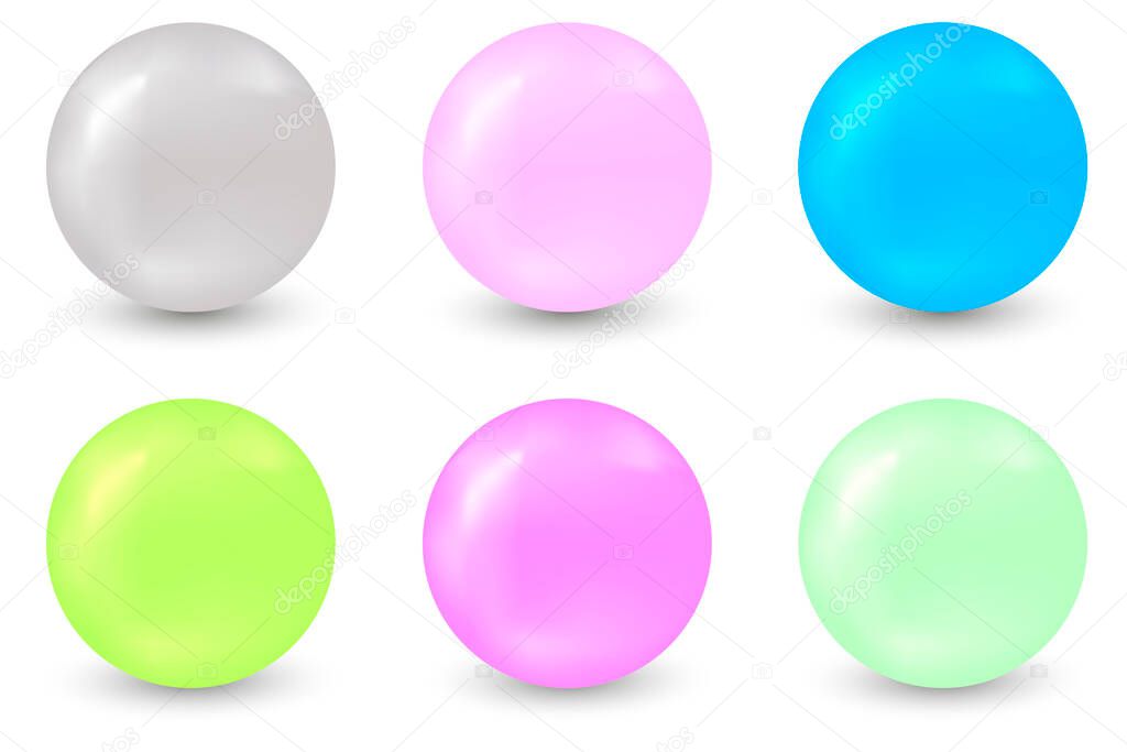 Pearl set isolated on transparent background. Spherical beautiful 3D orb with transparent glares and highlights. Jewel gems. Vector Illustration.