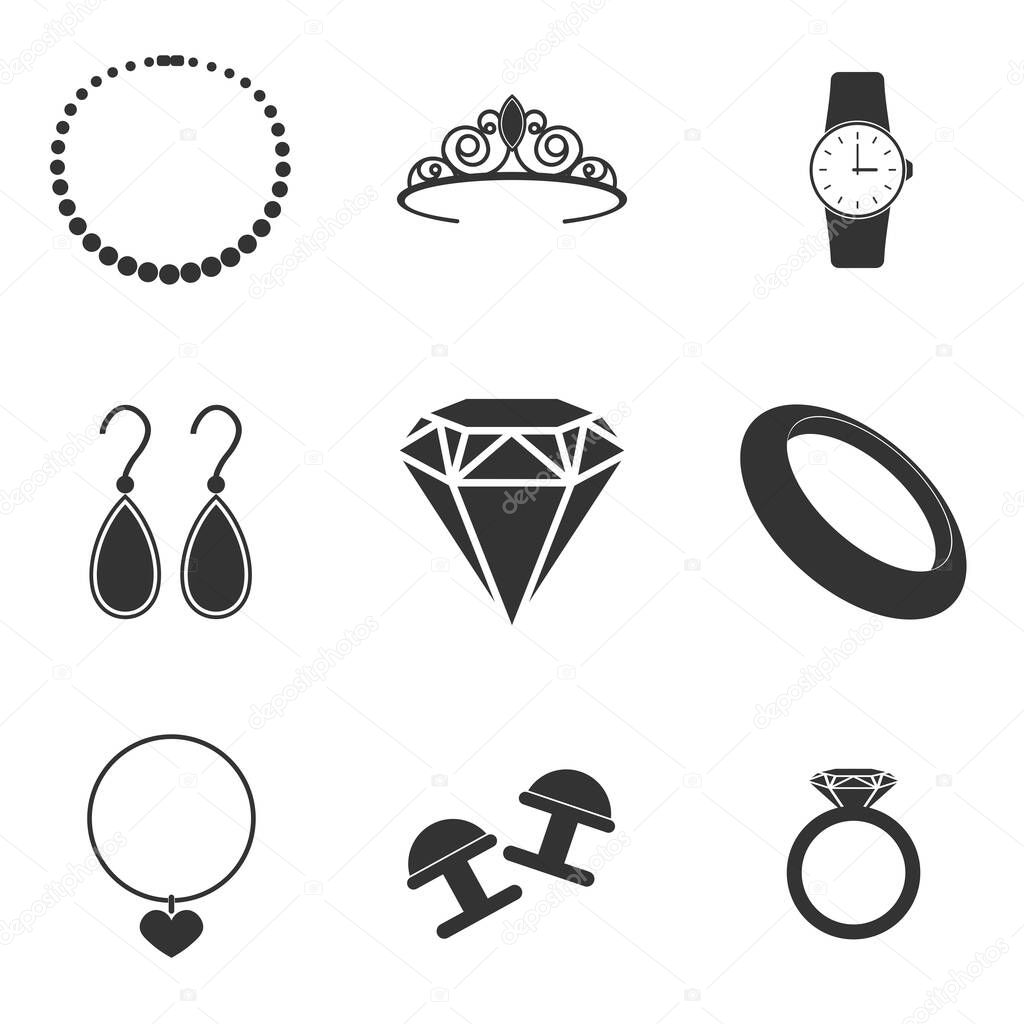 Simple set of jewelry related vector line icons isolated on white background. Contains icons such as earrings, wedding ring, crown, watch and more.