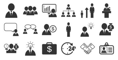 İş adamları beyaz arkaplanda ikonlar, iş simgeleri, yönetim, iş, iş ve insan kaynakları ile buluşuyor