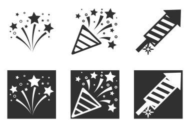 Havai fişek selam duruşu simgeleri. Karnaval kutlaması, Noel patlayıcı havai fişekler ve tatil ışıkları. Roket parlaması, havai fişek efektleri, Noel havai fişekleri. Vektör illüstrasyonu