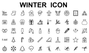 Kış sporları, doğum ve kış ikonları. Soğuk havada açık hava aktiviteleri, bayram sembolleri. Vektör çizimi. Ekipman deposu tabelaları.