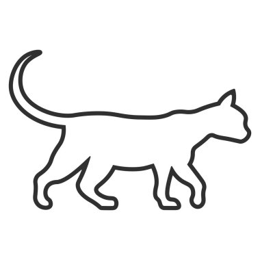 Siluet, yürüyen kedi ikonu beyaz arka planda izole edilmiş. doğrusal, vektör illüstrasyonu. Evcil hayvan, hayvan ve hayvan dükkanı simgesi