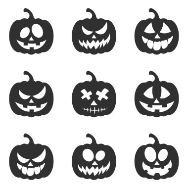 Cadılar bayramı için çizgi balkabağı. Kabak oyması korkunç gülümseyen şirin yüzler. Balkabağı sebze süslemesi ya da bayram tüyler ürpertici gülen yüzü, ekim ayı vektörü izole edilmiş ikon seti