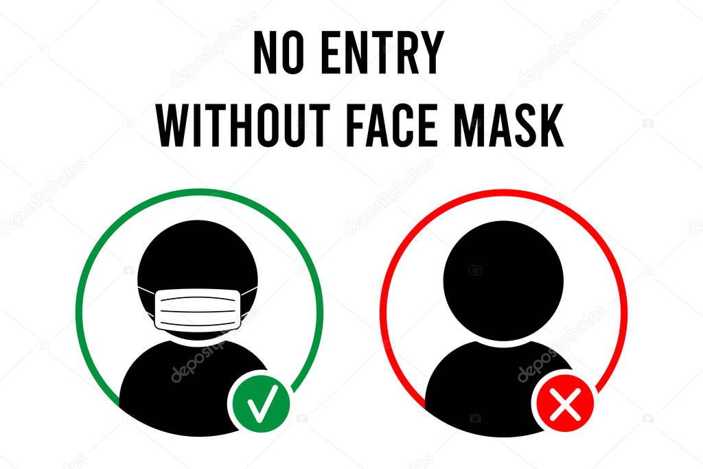 No entry without face mask sign. No face mask no entry. Icon. Warning sign. Vector front door plate. Vector illustration.