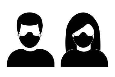 Tıbbi yüz koruma maskeli bir adam ve kadın. Hastalık ve hastalık örnekleri. Koruyucu ameliyat maskesi takan insanların vektör simgesi.