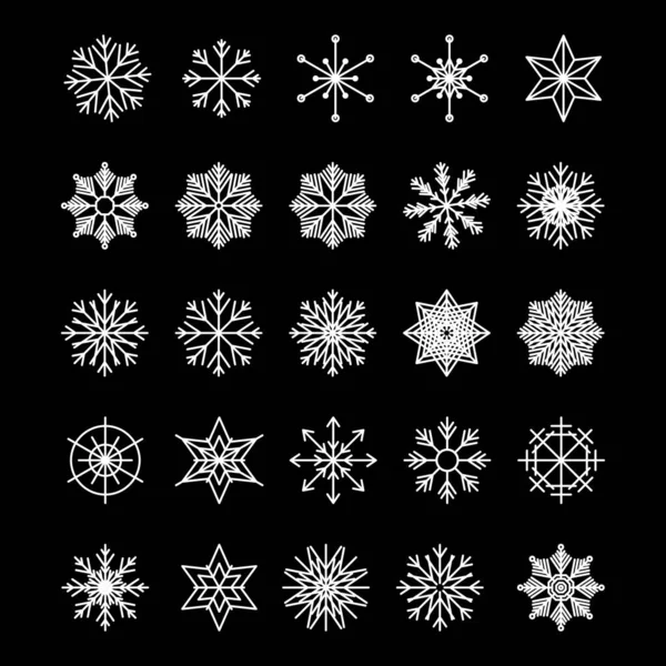 Icono conjunto de copo de nieve, aislado sobre un fondo negro. Esquema de símbolos de moda. Pack de iconos en estilo line. Feliz Navidad. Feliz Año Nuevo. El invierno. Ilustración vectorial. — Vector de stock