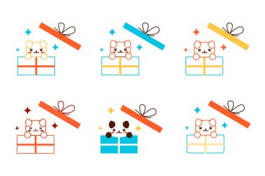 Köpek ve hediye. Kawaii hayvanı. Sevimli çizgi film karakteri. Komik bebek baskısı. Hediye kutusu simgesi. Açık sürpriz. Vektör illüstrasyonu