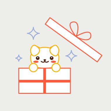 Köpek ve hediye. Kawaii hayvanı. Sevimli çizgi film karakteri. Komik bebek baskısı. Hediye kutusu simgesi. Açık sürpriz. Vektör illüstrasyonu