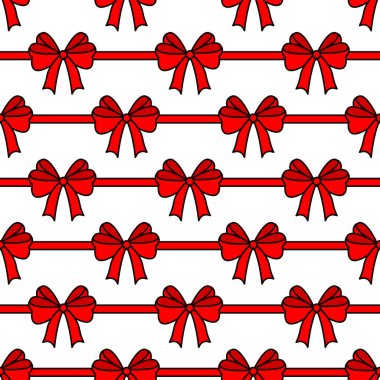 Kusursuz desen. Beyaz arka planda kırmızı kurdeleler. Tebrik için şenlik arka planı. Düz stil. Vektör illüstrasyonu.