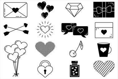 Bir dizi düzenlenebilir vektör elemanı. Yenilebilir felçli Sevgililer Günü koleksiyonu. Şirin illüstrasyonlar. Bir aşk mektubu. Beyaz arkaplanda izole simgeler.