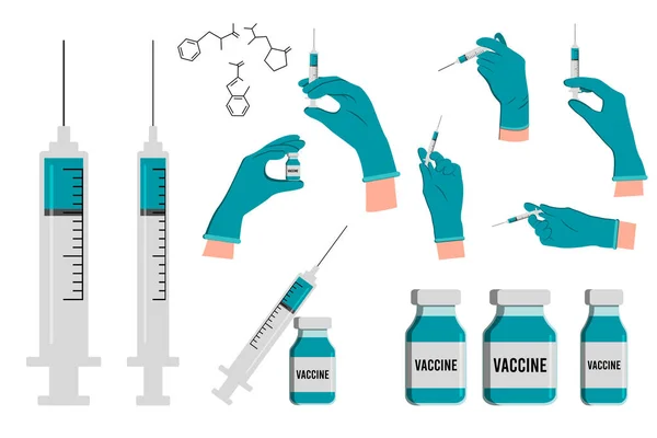 Handske med nålstick för injektion, injektionsflaska med läkemedel med spruta och ampull med vaccin eller läkemedel. Läkare som ger en injektion. Vaccination. — Stock vektor