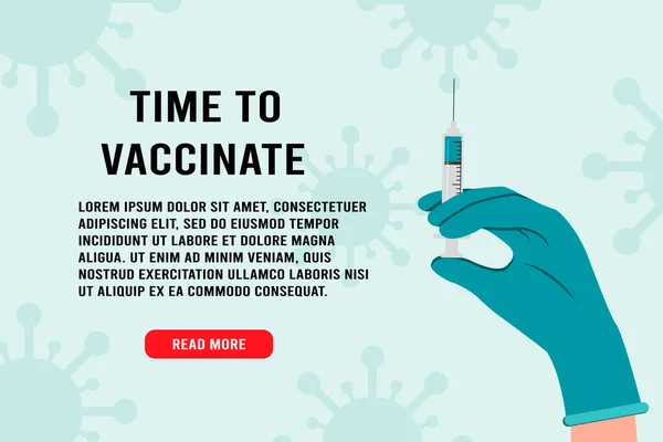 バナーを予防接種する時間。注射器と針でゴム手袋を身に着けている医師の手,インフルエンザウイルスの治療のための医療インフルエンザショットワクチン,ベクトルフラットイラスト.予防接種の概念. — ストックベクタ