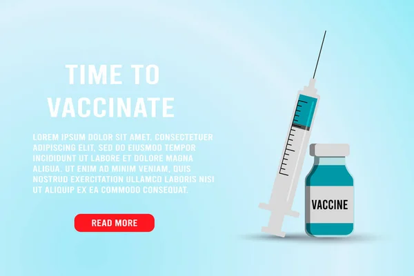 Dags att vaccinera fanan. Spruta med nål och tabletter. Medicinskt influensasprutat vaccin för behandling av influensavirus, vektor platt illustration. Vaccinationskoncept design, affisch. — Stock vektor