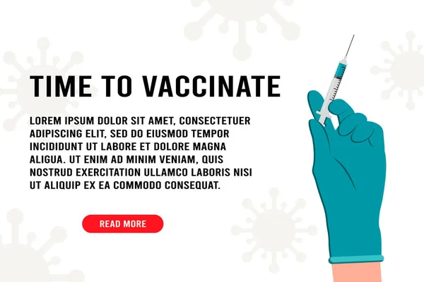 Aşı konsepti tasarımı, poster. Pankartı aşılama zamanı. Grip ya da grip aşısı olan bir şırınga. Enjeksiyon, önleme, aşılama, tedavi ve tedavi. Doktorlar ameliyat eldivenlerini teslim ediyor.. — Stok Vektör
