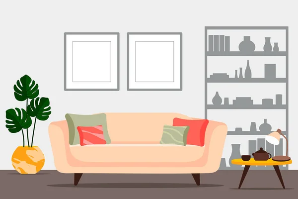 Elegantes interiores de apartamentos en estilo escandinavo con una decoración moderna. Acogedor salón amueblado. Dibujos animados ilustración vector plano. Muebles luminosos, elegantes y confortables con plantas de interior. — Vector de stock