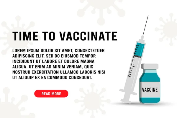 Dags att vaccinera fanan. Spruta med nål och tabletter. Medicinskt influensasprutat vaccin för behandling av influensavirus, vektor platt illustration. Vaccinationskoncept design, affisch. — Stock vektor