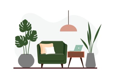 Modern dekorlu, İskandinav tarzında şık bir daire. Samimi döşenmiş oturma odası. Çizgi film düz vektör çizimi. Parlak, şık ve rahat mobilyalar.. 