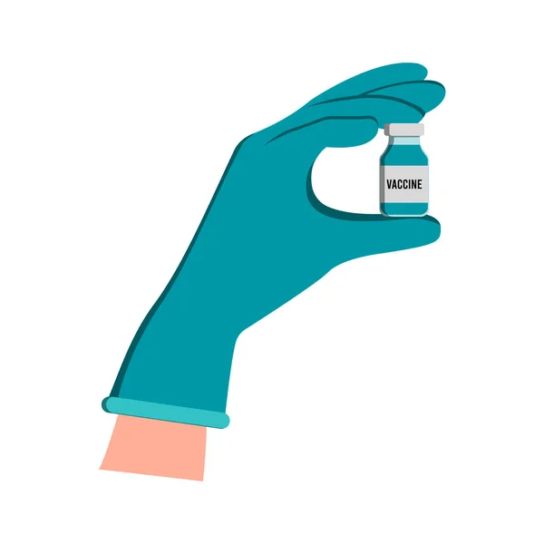Läkare bär handskar som håller i injektionsflaskan med läkemedel. Ampull med vaccin eller medicin. platt vektor illustration. Isolerad. — Stock vektor
