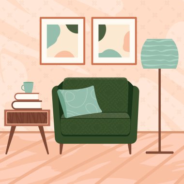 Modern dekorlu, İskandinav tarzında şık bir daire. Samimi döşenmiş oturma odası. Çizgi film düz vektör çizimi. Parlak, şık ve rahat mobilyalar.. 