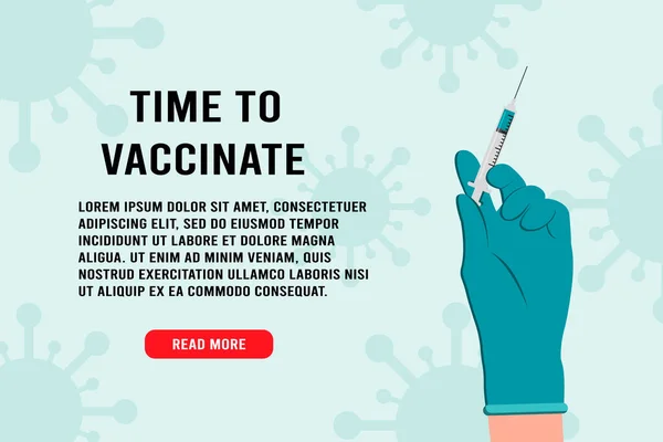 Vaccinationskoncept design, affisch. Dags att vaccinera fanan. spruta med vaccin mot influensa eller influensa. Injektion, prevention, immunisering, botemedel och behandling. Läkare hand i kirurgiska handskar. — Stock vektor