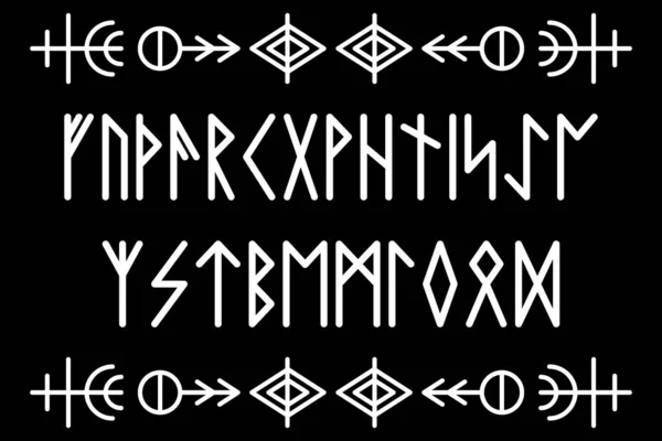 Eski İskandinav rünleri. Rune alfabesi, futhark. Eski Viking harfleri. Mistik semboller. Esrarengiz, gizemli, büyülü. Vektör çizimi. Norveççe yazma.