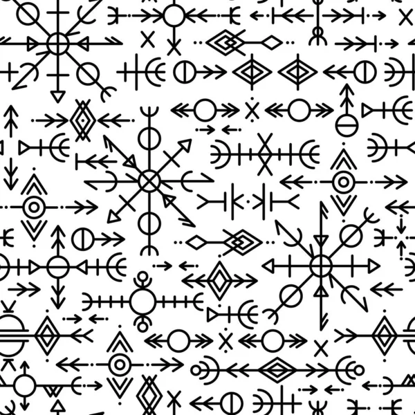 Etnik Norveç İzlanda 'nın kusursuz deseni. Vikinglerin ve kuzeylilerin runik tılsımları. Sihirli ve sihirli yazılar. Pagan işaretleri. Tekrarlanabilir bir arka plan. Vektör 