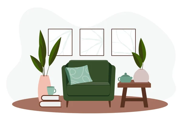 Elegantes interiores de apartamentos en estilo escandinavo con una decoración moderna. Acogedor salón amueblado. Dibujos animados ilustración vector plano. Muebles luminosos, elegantes y confortables con plantas de interior. — Vector de stock