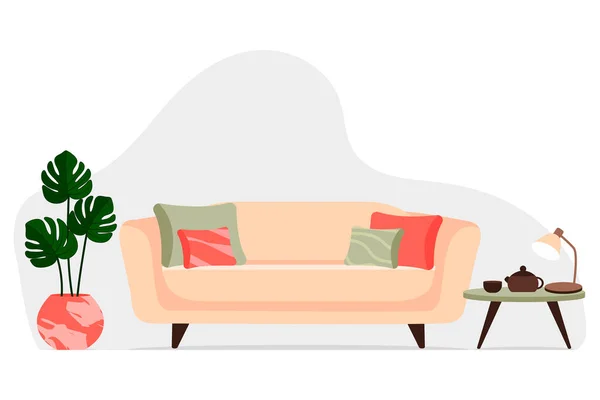 Elegantes interiores de apartamentos en estilo escandinavo con una decoración moderna. Acogedor salón amueblado. Dibujos animados ilustración vector plano. Muebles luminosos, elegantes y confortables con plantas de interior. — Vector de stock