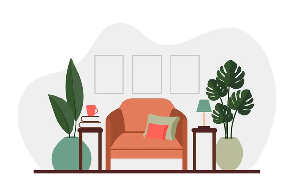 Elegantes interiores de apartamentos en estilo escandinavo con una decoración moderna. Acogedor salón amueblado. Dibujos animados ilustración vector plano. Muebles luminosos, elegantes y confortables con plantas de interior. — Vector de stock