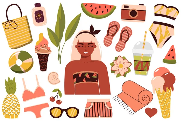 A set of summer things for the beach. Travel to a sunny country. Happy girl in a bikini is resting at the sea. A woman in a swimsuit sunbathes and relaxes near the water. Summer rest. vector — Stock Vector