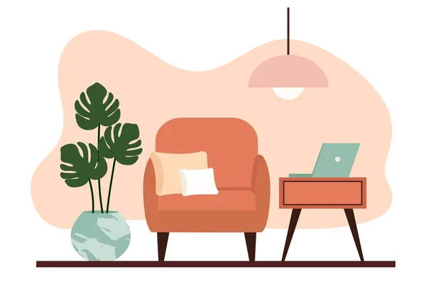 Stijlvol appartement interieurs in Scandinavische stijl met moderne inrichting. Gezellig ingerichte woonkamer. Cartoon platte vector illustratie. Helder, stijlvol en comfortabel meubilair met binnenplanten. — Stockvector