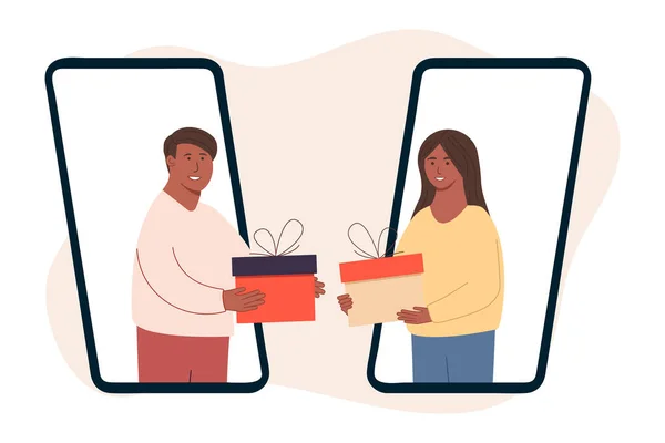 Gente feliz. Dense regalos mutuamente. Una mujer le da un regalo a un hombre. El tipo le da a la chica un regalo por teléfono. Sorpresa navideña. Celebrando la Navidad. Caridad. Parejas dando y sosteniendo regalos. — Vector de stock