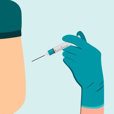 Doktor omzuna iğne yapar, kol kaslarına. Coronavirus aşısı, bir hastaya doktor enjekte ediyor. Doktor eldiven takıp iğne yapıyor. Vektör illüstrasyonu.
