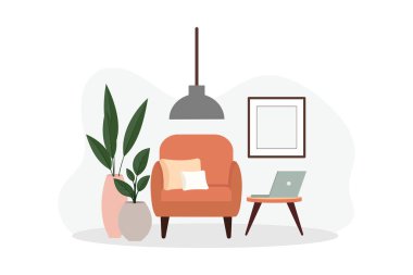 Modern dekorlu, İskandinav tarzında şık bir daire. Samimi döşenmiş oturma odası. Çizgi film düz vektör çizimi. Parlak, şık ve rahat mobilyalar.. 