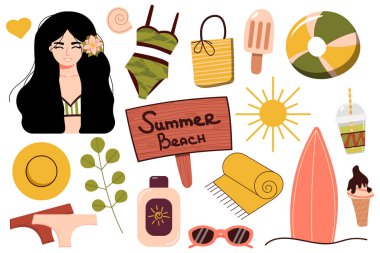 Plaj için bir dizi yaz eşyası. Güneşli bir ülkeye git. Bikinili mutlu kız denizde dinleniyor. Mayolu bir kadın, suyun kenarında güneşlenir ve dinlenir. Yaz tatili. vektör