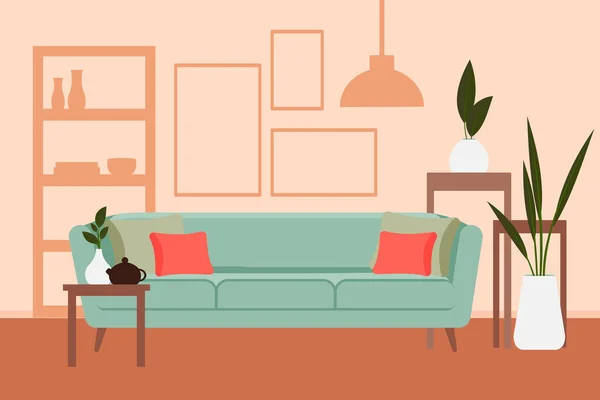 Elegantes interiores de apartamentos en estilo escandinavo con una decoración moderna. Acogedor salón amueblado. Dibujos animados ilustración vector plano. Muebles luminosos, elegantes y confortables con plantas de interior. — Vector de stock