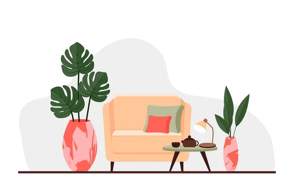 Elegantes interiores de apartamentos en estilo escandinavo con una decoración moderna. Acogedor salón amueblado. Dibujos animados ilustración vector plano. Muebles luminosos, elegantes y confortables con plantas de interior. — Vector de stock