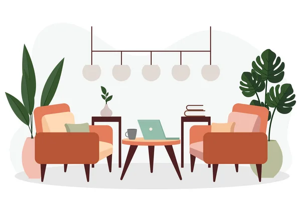 Elegantes interiores de apartamentos en estilo escandinavo con una decoración moderna. Acogedor salón amueblado. Dibujos animados ilustración vector plano. Muebles luminosos, elegantes y confortables con plantas de interior. — Archivo Imágenes Vectoriales