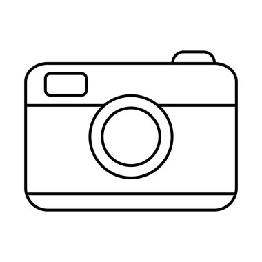 Fotoğraf ekipmanları. Tatilde ve seyahatte objektifli fotoğraf makinesi. Vektör çizgisi simgesi. Düzenlenebilir felç. Doodle tarzı