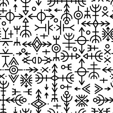 Etnik Norveç İzlanda 'nın kusursuz deseni. Vikinglerin ve kuzeylilerin runik tılsımları. Sihirli ve sihirli yazılar. Pagan işaretleri. Tekrarlanabilir bir arka plan. Vektör 