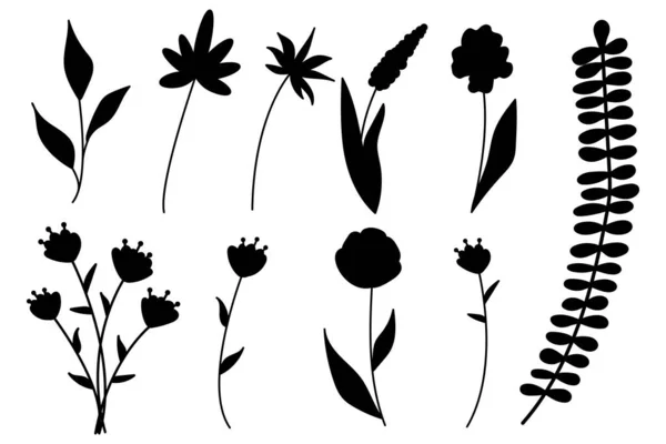 Collection d'éléments floraux simples et minimalistes. Croquis graphique. Design de tatouage à la mode. Fleurs, herbe et feuilles. Eléments naturels botaniques. Illustration vectorielle. contour, ligne, style doodle. — Image vectorielle