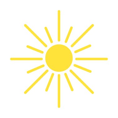 Güneş ikonu sarıdır. Hava durumunu temsil edecek soyut güneş. Ekran parlaklığı ve enerji düğmesi. Yaz sıcağı, sıcak. İzole bir arka planda. Düz biçimli vektör stok illüstrasyonu. 