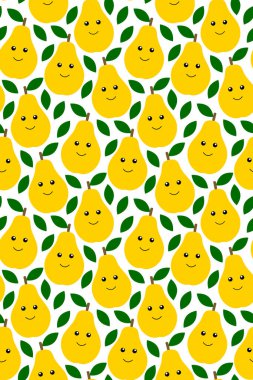 Çocuklar için mutlu kawaii meyve baskıları. Çizgi film tarzında gülen armutları olan hoş, pürüzsüz bir desen. Gülen komik meyveli süs. Giysiler, tekstil, kumaş, ambalaj, hurda, hediye kağıdı için tasarım.