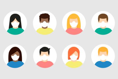 Koruyucu tıbbi maske ikonu takan insanların toplanması izole edildi. Koruyucu maskeli kadın ve erkeklerin görüldüğü yerler. Vektör illüstrasyonu